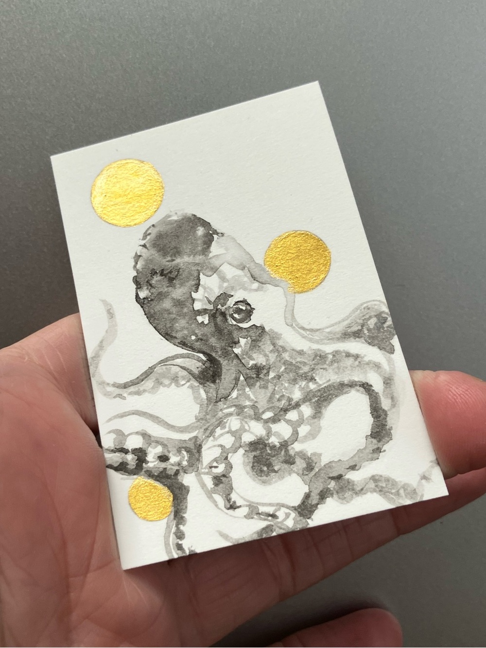 ORIGINAL octopus painting miniature realism art sumi-e gold artwork ocean USA